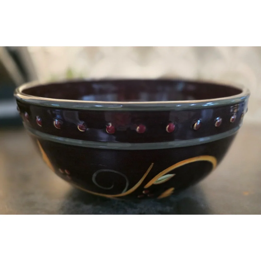Demdaco Chocolate Berries Large Salad Serving Bowl Green Band 10 1/8